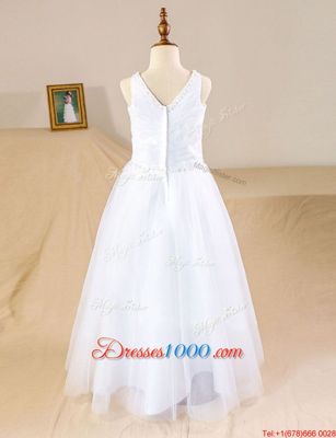 Superior White V-neck Zipper Beading Flower Girl Dress Sleeveless