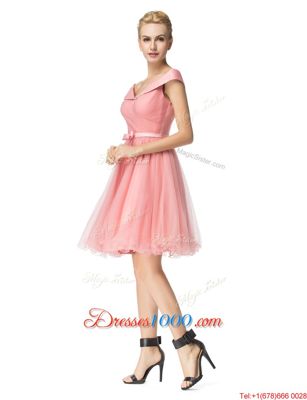 Charming Pink Off The Shoulder Zipper Belt Party Dresses Cap Sleeves