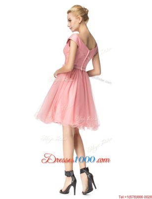 Charming Pink Off The Shoulder Zipper Belt Party Dresses Cap Sleeves