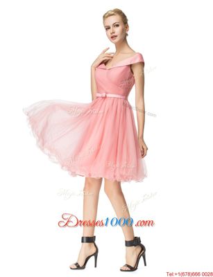 Charming Pink Off The Shoulder Zipper Belt Party Dresses Cap Sleeves