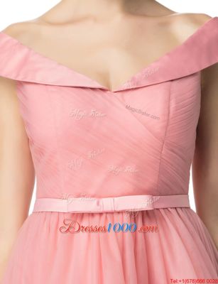 Charming Pink Off The Shoulder Zipper Belt Party Dresses Cap Sleeves