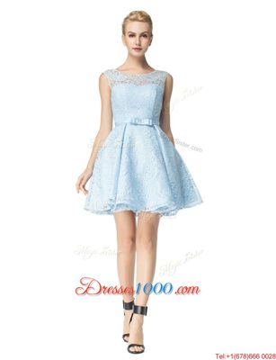 Lovely A-line Party Dress for Girls Light Blue Scoop Lace Sleeveless Mini Length Zipper