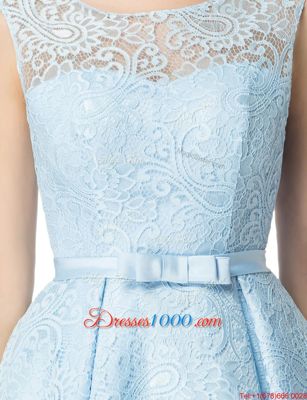 Lovely A-line Party Dress for Girls Light Blue Scoop Lace Sleeveless Mini Length Zipper