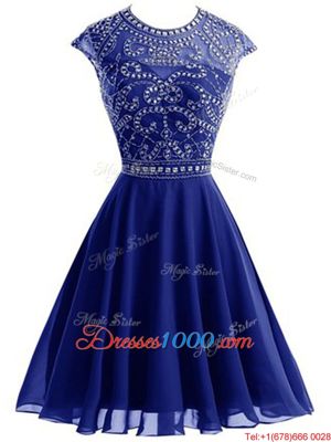 High End A-line Prom Gown Royal Blue Scoop Chiffon Sleeveless Mini Length Backless