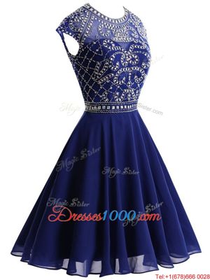 High End A-line Prom Gown Royal Blue Scoop Chiffon Sleeveless Mini Length Backless