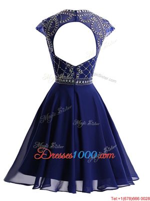 High End A-line Prom Gown Royal Blue Scoop Chiffon Sleeveless Mini Length Backless