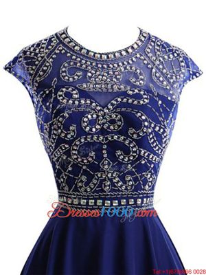 High End A-line Prom Gown Royal Blue Scoop Chiffon Sleeveless Mini Length Backless