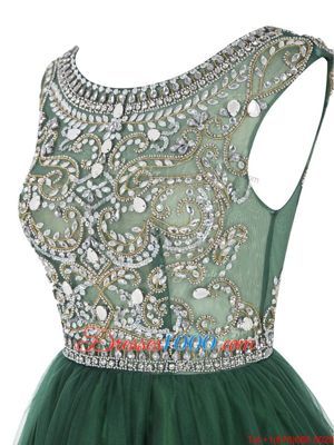 Scoop Sleeveless Prom Evening Gown Mini Length Beading and Appliques Peacock Green Tulle