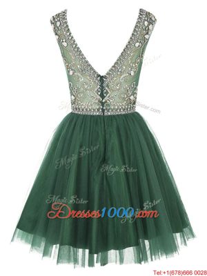 Scoop Sleeveless Prom Evening Gown Mini Length Beading and Appliques Peacock Green Tulle