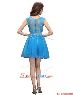 High Class Empire Prom Dresses Baby Blue Bateau Tulle Sleeveless Mini Length Zipper