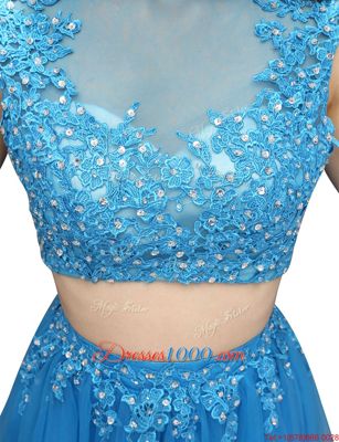 High Class Empire Prom Dresses Baby Blue Bateau Tulle Sleeveless Mini Length Zipper
