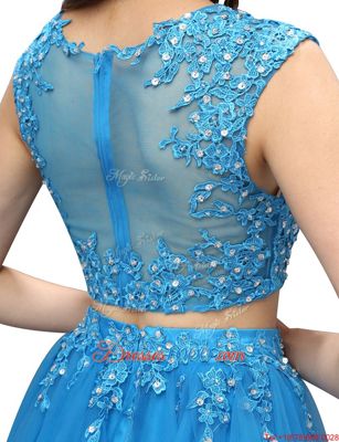 High Class Empire Prom Dresses Baby Blue Bateau Tulle Sleeveless Mini Length Zipper