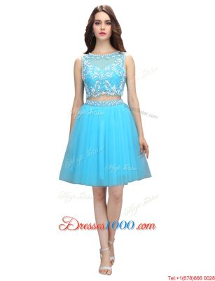 Exquisite Scoop Baby Blue Sleeveless Appliques Knee Length Prom Dresses