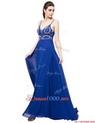 Sweet Spaghetti Straps Sleeveless Homecoming Dress With Train Sweep Train Beading Royal Blue Chiffon
