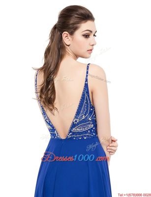 Sweet Spaghetti Straps Sleeveless Homecoming Dress With Train Sweep Train Beading Royal Blue Chiffon