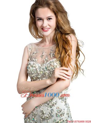 New Style With Train White Prom Dresses Scoop Sleeveless Brush Train Backless