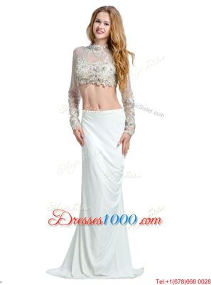 White Backless High-neck Beading and Lace and Appliques Homecoming Dress Chiffon Long Sleeves Brush Train