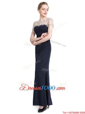Black Zipper Dress for Prom Beading Short Sleeves Floor Length