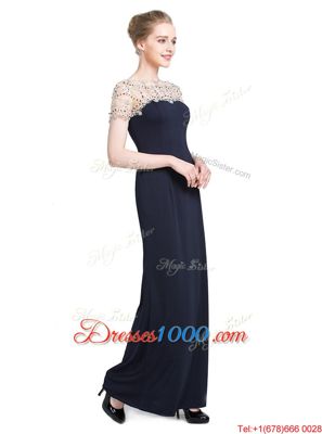 Black Zipper Dress for Prom Beading Short Sleeves Floor Length