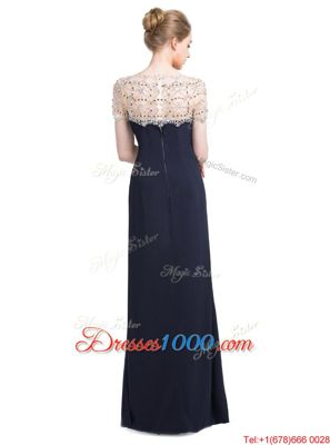 Black Zipper Dress for Prom Beading Short Sleeves Floor Length