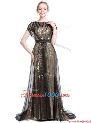 Black Tulle Zipper Prom Party Dress Short Sleeves With Brush Train Beading