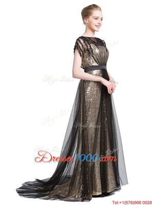 Black Tulle Zipper Prom Party Dress Short Sleeves With Brush Train Beading