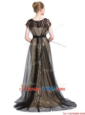 Black Tulle Zipper Prom Party Dress Short Sleeves With Brush Train Beading