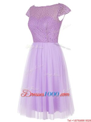Empire Prom Dress Lavender Bateau Tulle Cap Sleeves Knee Length Zipper