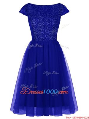 Empire Prom Dress Lavender Bateau Tulle Cap Sleeves Knee Length Zipper