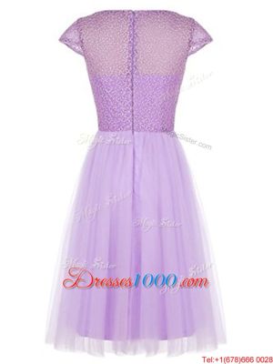 Empire Prom Dress Lavender Bateau Tulle Cap Sleeves Knee Length Zipper