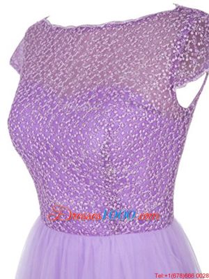 Empire Prom Dress Lavender Bateau Tulle Cap Sleeves Knee Length Zipper