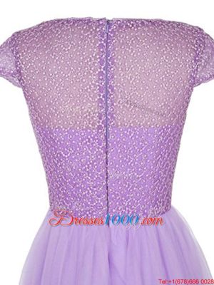 Empire Prom Dress Lavender Bateau Tulle Cap Sleeves Knee Length Zipper