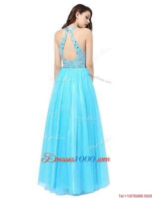 Scoop Aqua Blue Sleeveless Tulle Zipper Womens Evening Dresses for Prom and Party