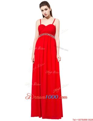 Sleeveless Floor Length Beading Side Zipper Junior Homecoming Dress with Red