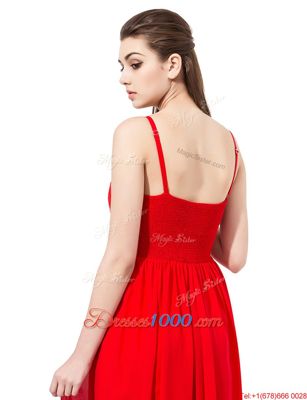 Sleeveless Floor Length Beading Side Zipper Junior Homecoming Dress with Red