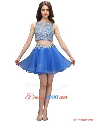 Beading Prom Evening Gown Blue Zipper Sleeveless Mini Length