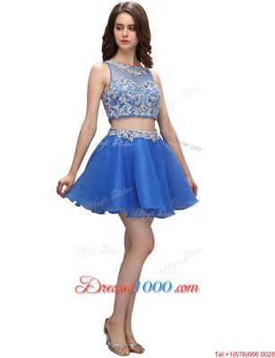Beading Prom Evening Gown Blue Zipper Sleeveless Mini Length