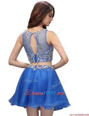 Beading Prom Evening Gown Blue Zipper Sleeveless Mini Length