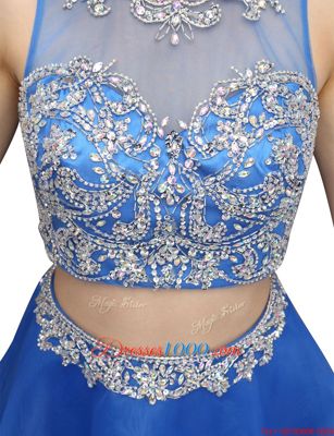 Beading Prom Evening Gown Blue Zipper Sleeveless Mini Length