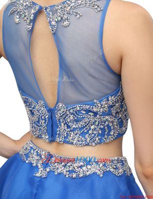 Beading Prom Evening Gown Blue Zipper Sleeveless Mini Length