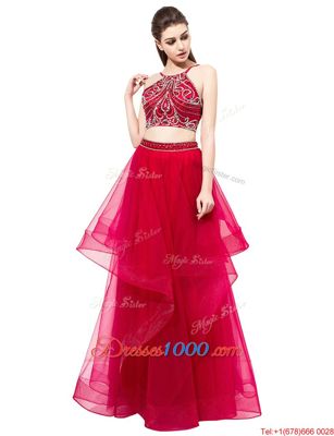 Graceful Red Sleeveless Beading Floor Length Prom Party Dress