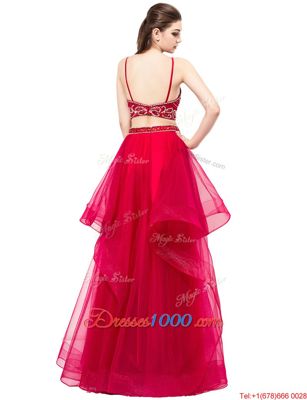 Graceful Red Sleeveless Beading Floor Length Prom Party Dress