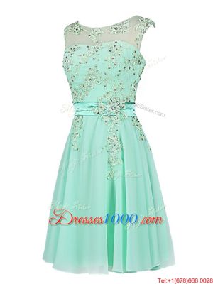 Turquoise Chiffon Zipper Scoop Sleeveless Knee Length Dress for Prom Beading and Appliques