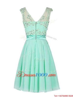 Turquoise Chiffon Zipper Scoop Sleeveless Knee Length Dress for Prom Beading and Appliques