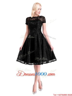Black Short Sleeves Lace Zipper Prom Evening Gown for Prom and Party