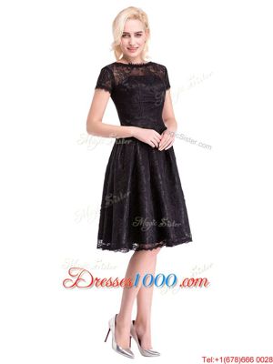 Black Short Sleeves Lace Zipper Prom Evening Gown for Prom and Party