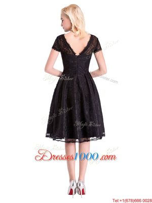 Black Short Sleeves Lace Zipper Prom Evening Gown for Prom and Party