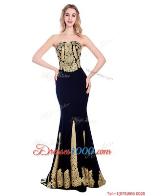 Luxury Mermaid Black Zipper Prom Dress Appliques Sleeveless With Train Sweep Train