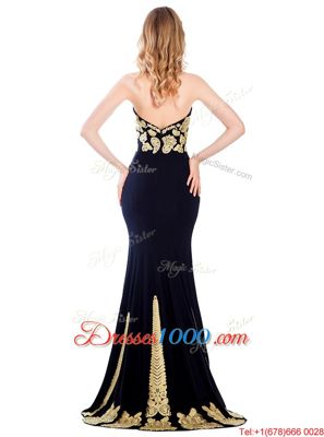 Luxury Mermaid Black Zipper Prom Dress Appliques Sleeveless With Train Sweep Train