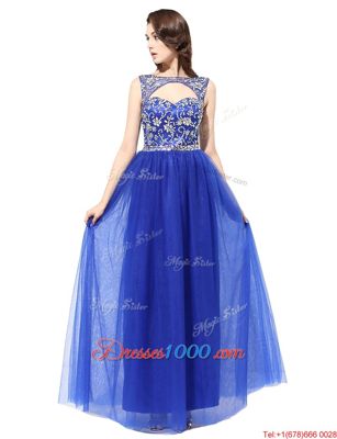 High Class Blue Bateau Zipper Beading Prom Evening Gown Sleeveless
